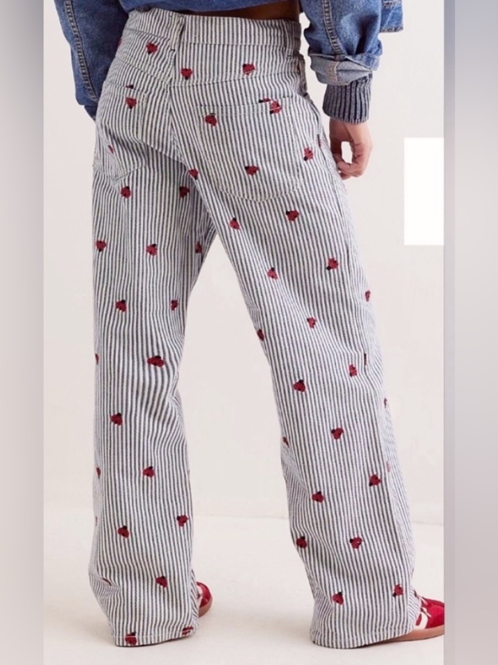 We The Free Free People Bugged out Striped Wide-Leg Jeans with Lady Bug details - Picture 3 of 12